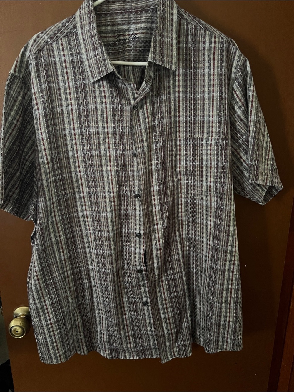 Tasso Elba Short-Sleeve Button-Down Plaid Shirt in Brown and Cream